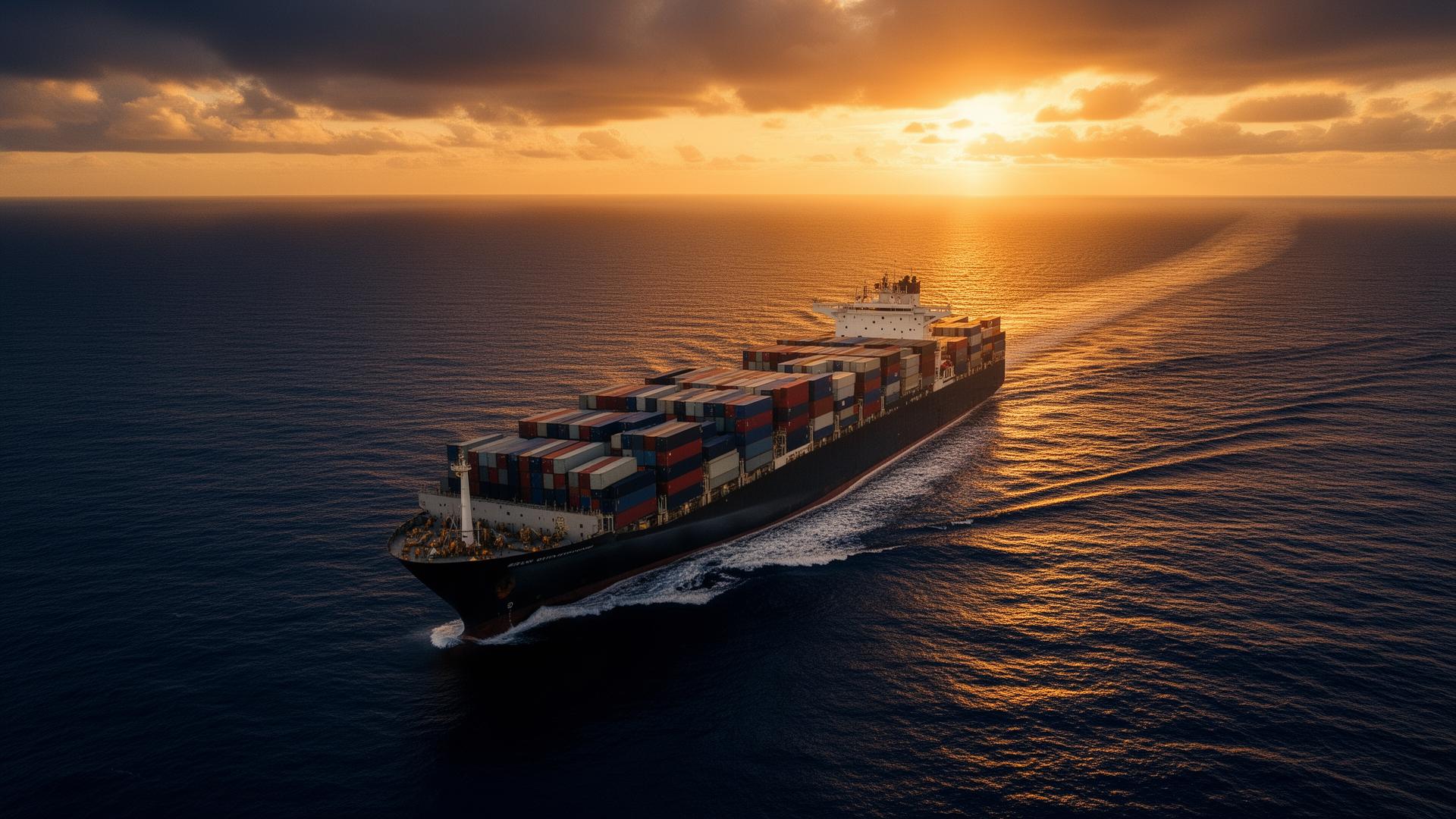 Cargo vessel crossing the ocean at sunrise